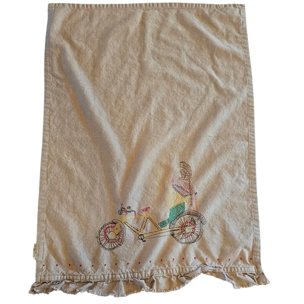 Embroidered‎ Monkey Bicycle Whimsical Kitchen Beige Dish Towel Cotton Ruffle
